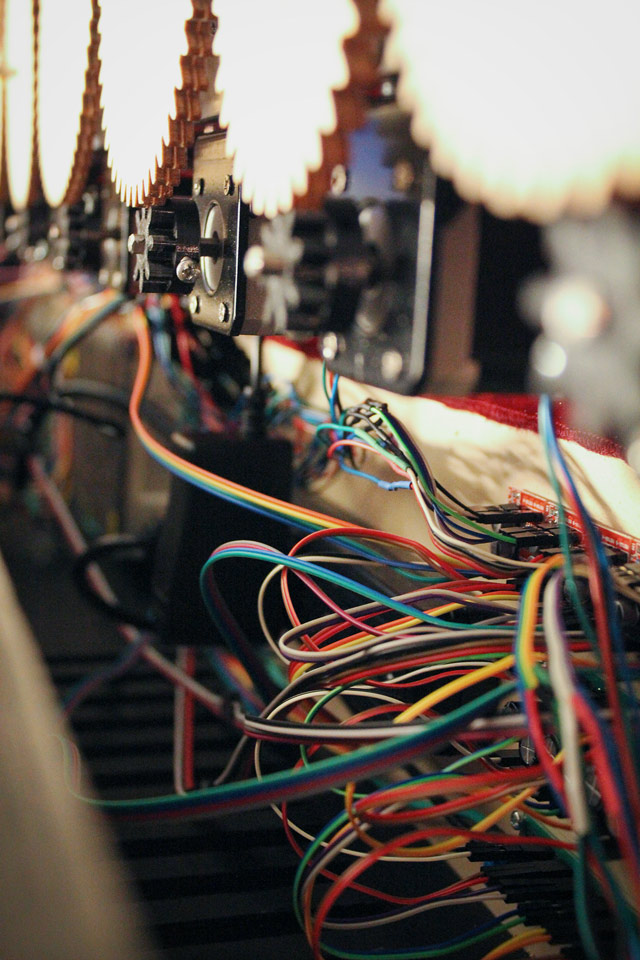 electronics, wires, and motors inside an installation, seen up close