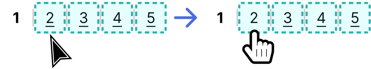 Two rows of pagination links compared: on the left, a pointer cursor is close to the link, but not over it; on the right, the cursor is over the link, showing a hand pointer. The areas over which the cursor can hover are visible.