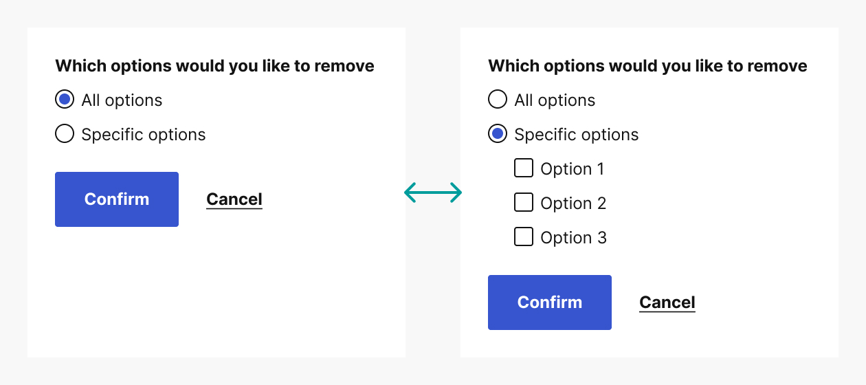 Two panels showing different states of selection of radio buttons: on the left 'all options' is selected, on the right 'specific options' is selected, with an additional 3 checkboxes below