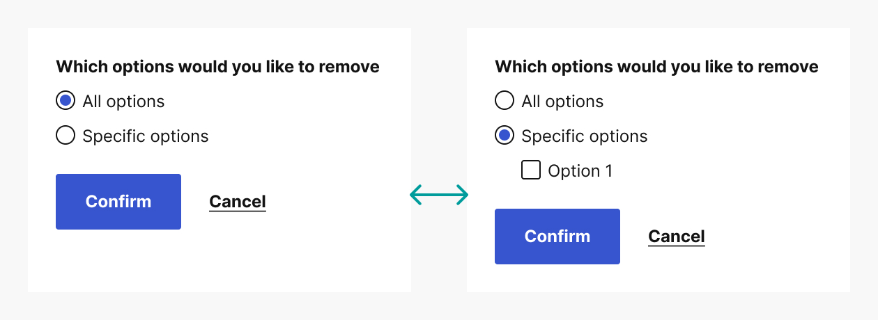Two panels showing different states of selection of radio buttons: on the left 'all options' is selected, on the right 'specific options' is selected, with an additional 'option 1' checkbox below