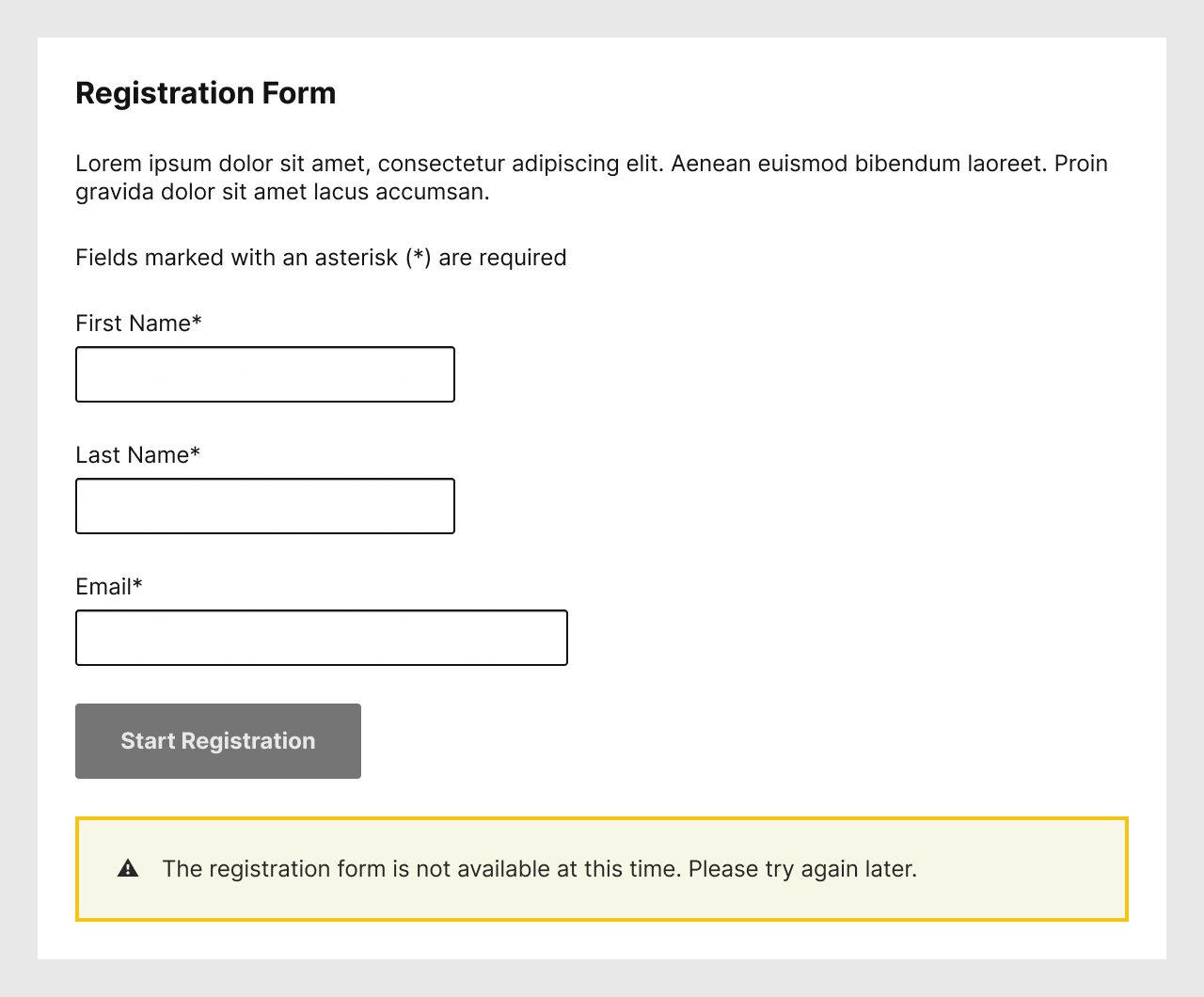 A registration form with the submit button disabled. A warning block at the bottom informs that registration is not available