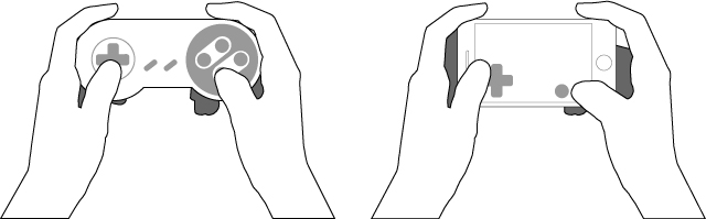 Line art of hands on a game controller and on a mobile phone