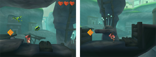 Screenshots of the game Lost Winds in which we see in the foreground a character running in a cave, and in the background, houses on mountain hills