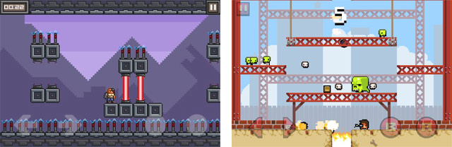 Screenshots of video games with on-screen controls: directional arrows on the bottom left, buttons on the right