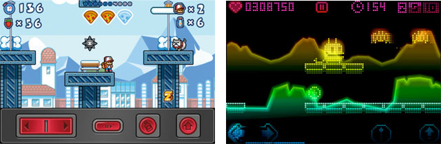 Screenshots of video games with on-screen controls: directional arrows on the bottom left, buttons on the right