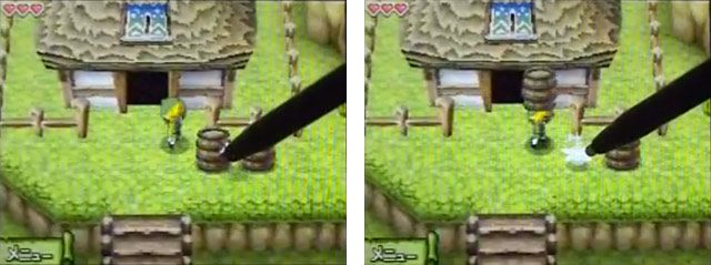Screenshots of The Legend of Zelda - Phantom Hourglass in which we can see the stylus being used to interact with an in-game element