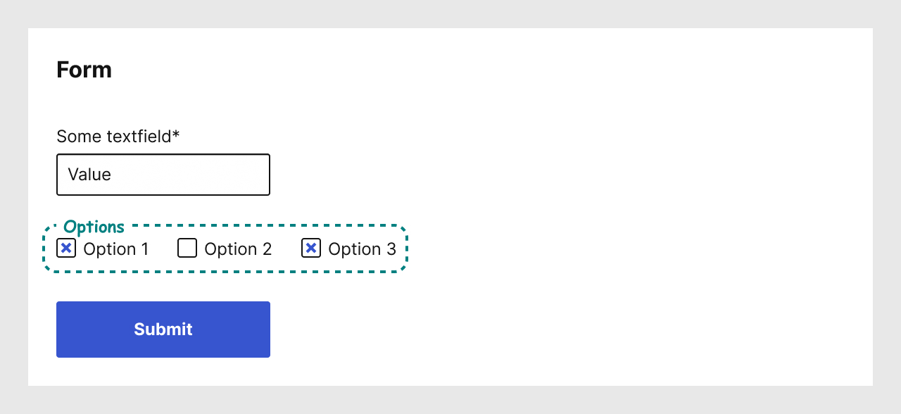 A form with a text field, a checkbox group an annotation for the label, and a submit button
