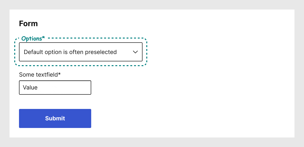 A form with a select menu with an annotation for the label, a text field, and a submit button